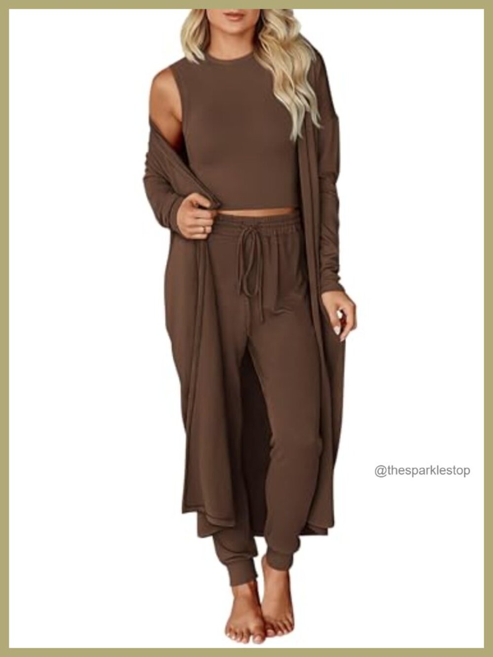 3 Piece Lounge Set Crewneck Tank Crop Top Jogger Pants Cardigan Travel Outfit
